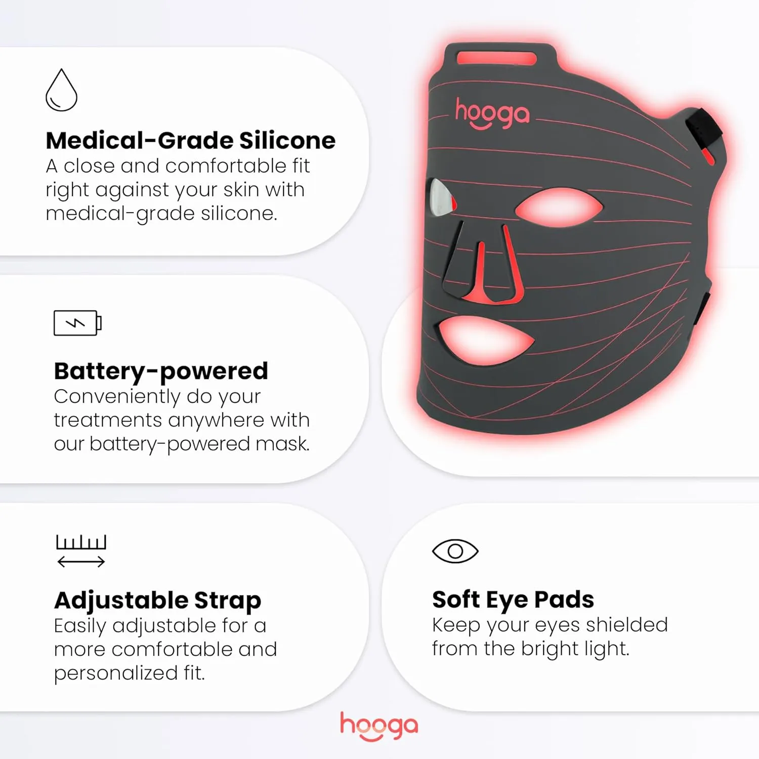 hooga Red Light Therapy LED Mask, Tri Chip LEDs, 630nm and 660nm Red, 850nm Near Infrared, Adjustable, Comfortable, USB Type-C Rechargeable for Wellness and Anti-Aging
