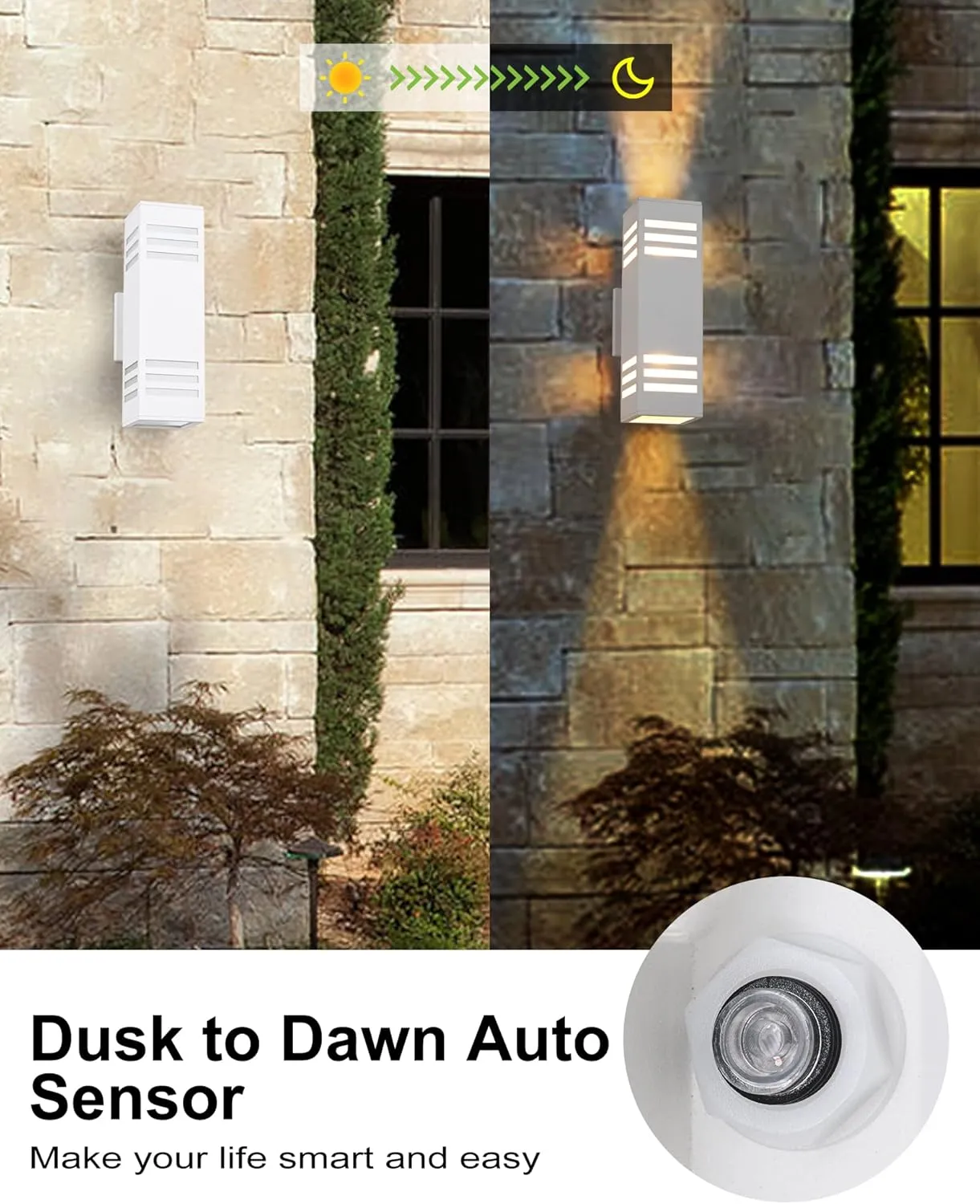 Housen Solutions Dusk to Dawn Outdoor Lighting, IP65 Waterproof Exterior Light Fixtures, 2 Pack Sensor Porch Light Outdoor Wall Sconce for House Garage, Matte White Aluminum