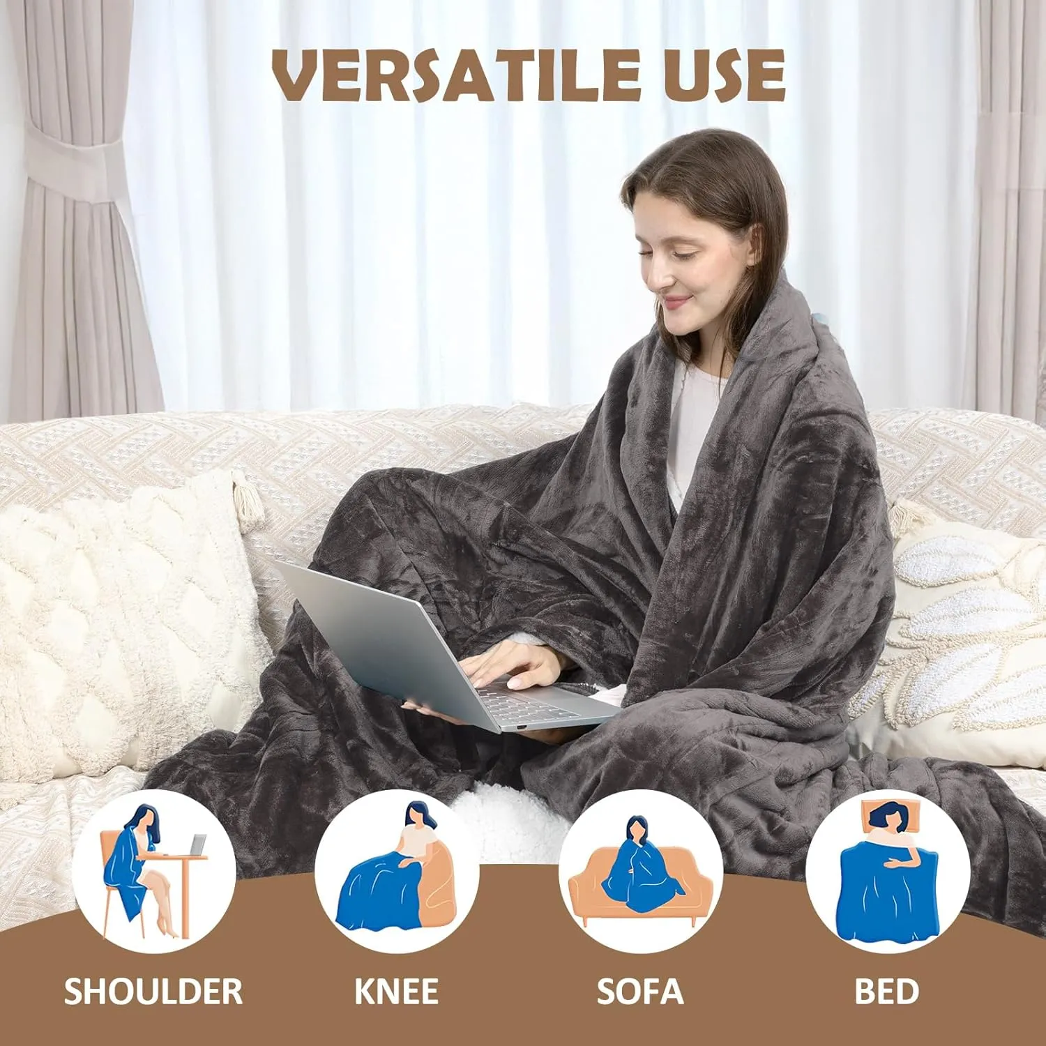 HOW'S MY HOUSE Heated Blanket 72" x 84", Electric Blanket Full Size with 10 Time Settings & 6 Heating Levels, Over-Heat Protection, Flannel Sherpa Super Cozy with ETL Certification, Gray