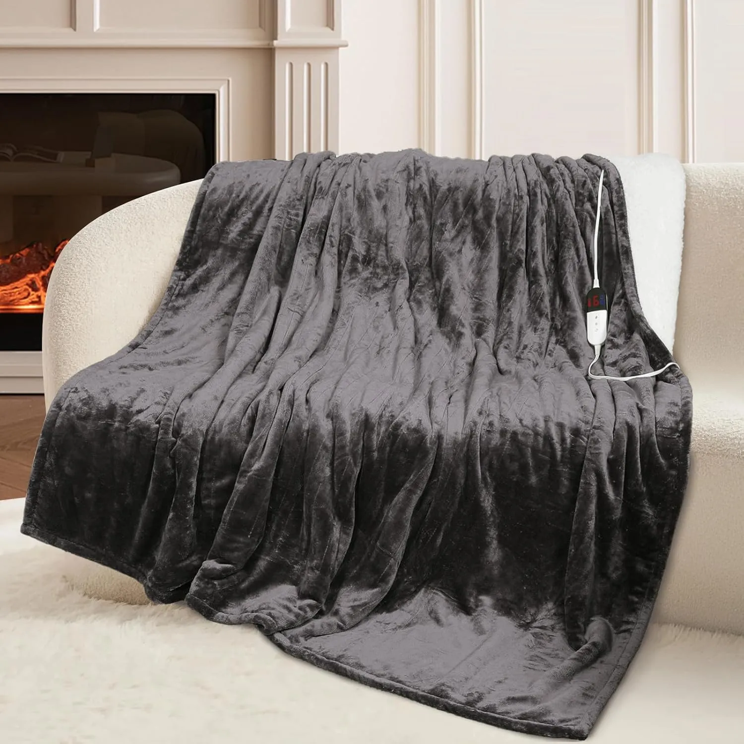 HOW'S MY HOUSE Heated Blanket 72" x 84", Electric Blanket Full Size with 10 Time Settings & 6 Heating Levels, Over-Heat Protection, Flannel Sherpa Super Cozy with ETL Certification, Gray