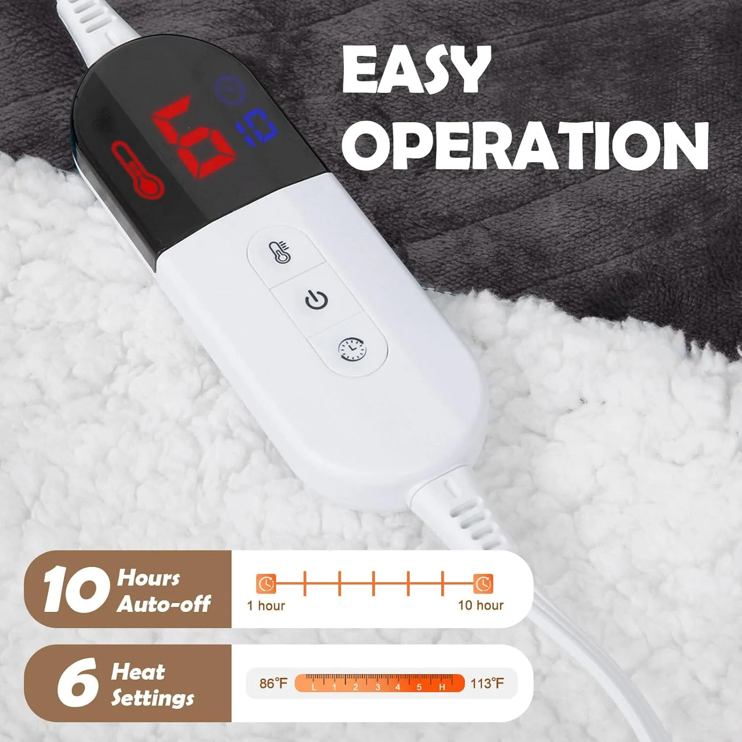 HOW'S MY HOUSE Heated Blanket 72" x 84", Electric Blanket Full Size with 10 Time Settings & 6 Heating Levels, Over-Heat Protection, Flannel Sherpa Super Cozy with ETL Certification, Gray