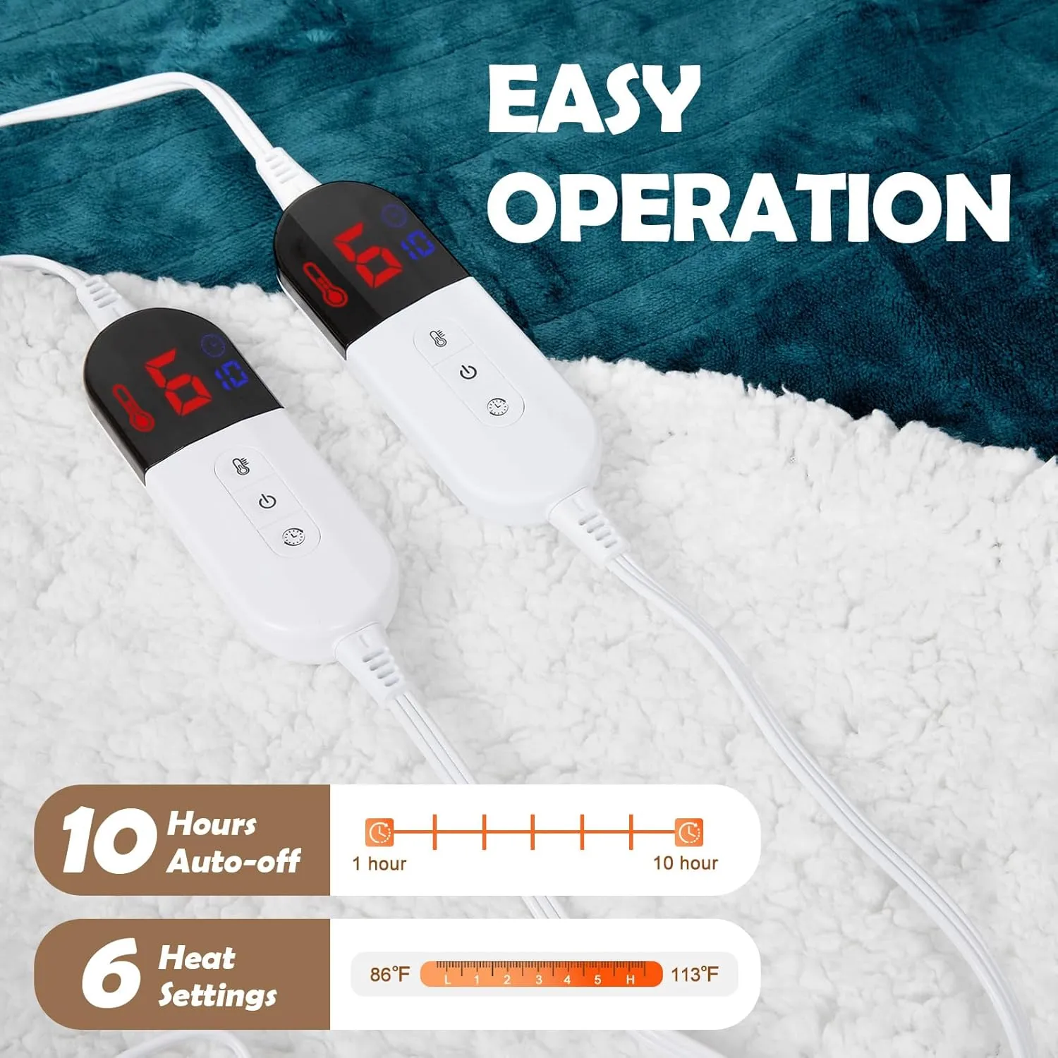 HOW'S MY HOUSE Heated Blanket 84" x 90", Dual Control Electric Blanket Queen Size with 10 Time Settings & 6 Heating Levels, Over-Heat Protection, Flannel Sherpa Super Cozy with ETL Certification, Blue