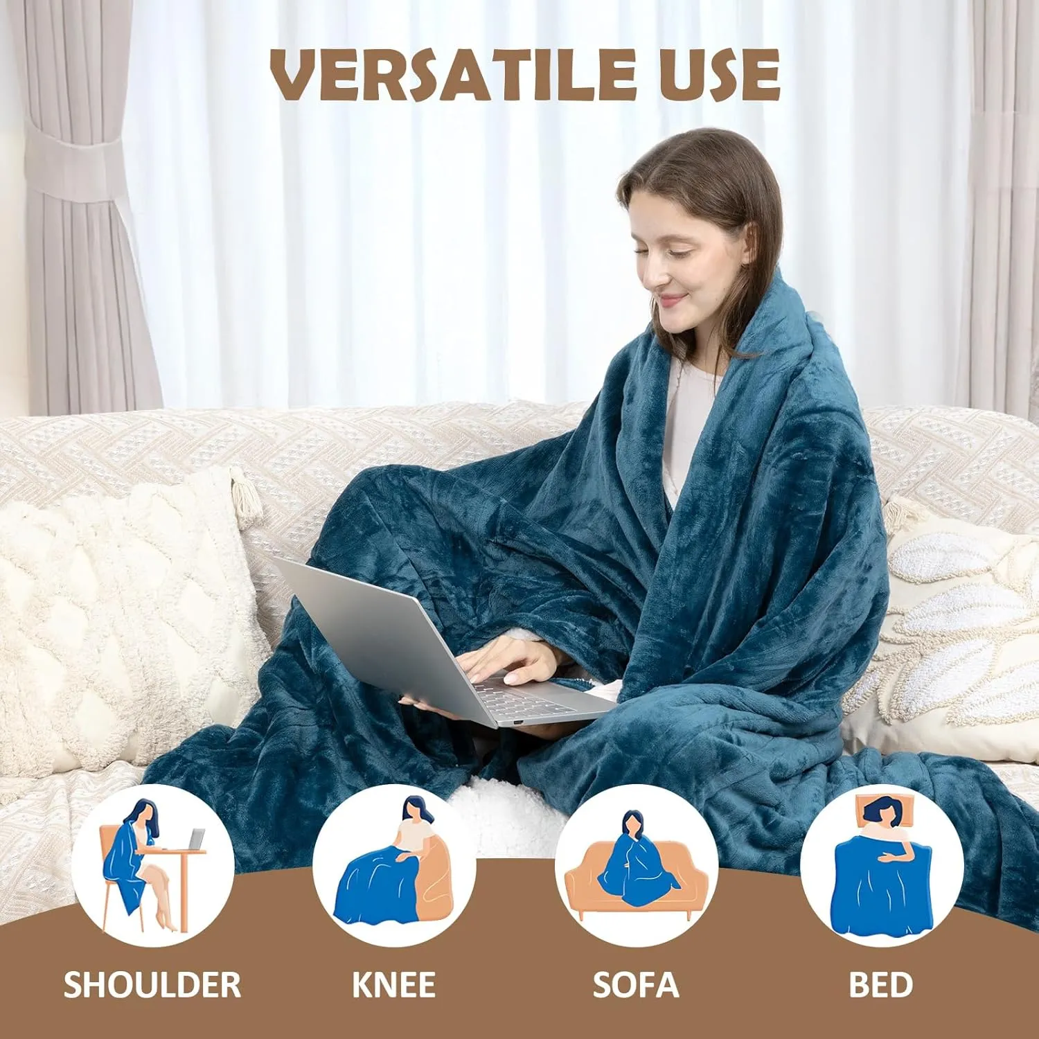 HOW'S MY HOUSE Heated Blanket 84" x 90", Dual Control Electric Blanket Queen Size with 10 Time Settings & 6 Heating Levels, Over-Heat Protection, Flannel Sherpa Super Cozy with ETL Certification, Blue