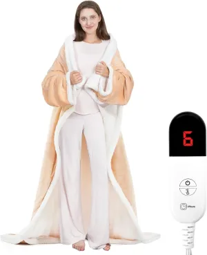 HOW'S MY HOUSE Wearable Heated Blanket with Foot Pocket, Electric Blanket with Sleeves, Flannel & Sherpa Heating Throw with 7 Heat Settings & 4 Hours Time Settings, 52" x 72", Beige
