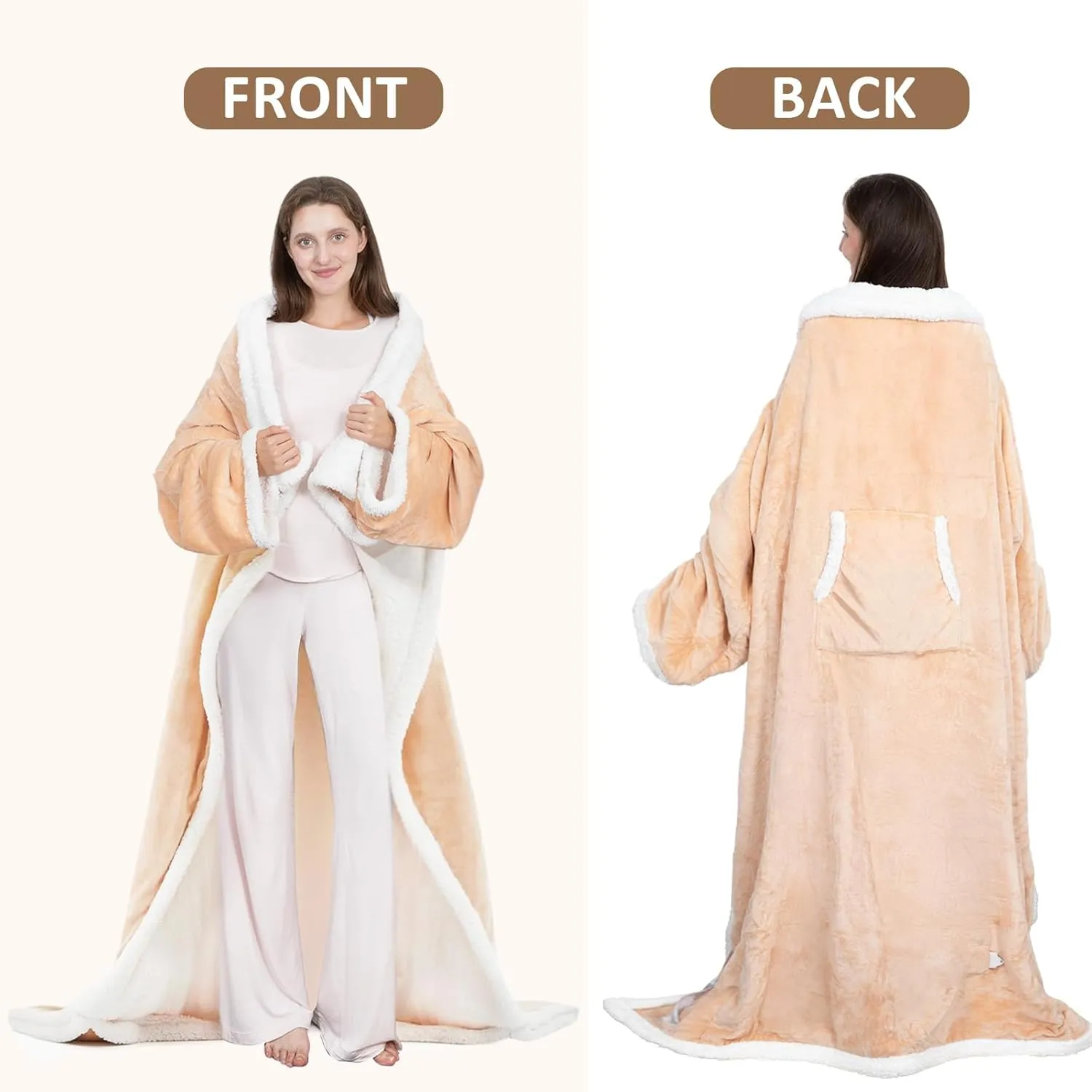 HOW'S MY HOUSE Wearable Heated Blanket with Foot Pocket, Electric Blanket with Sleeves, Flannel & Sherpa Heating Throw with 7 Heat Settings & 4 Hours Time Settings, 52" x 72", Beige
