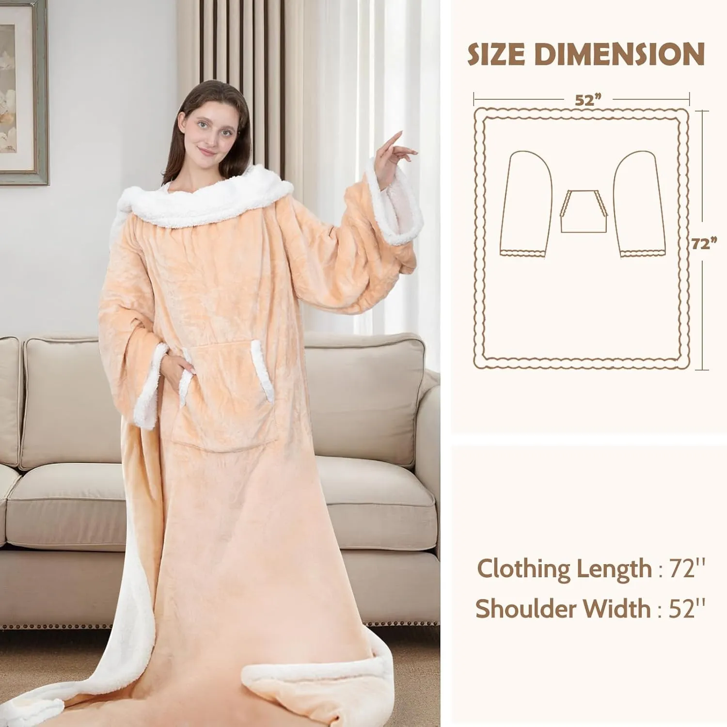 HOW'S MY HOUSE Wearable Heated Blanket with Foot Pocket, Electric Blanket with Sleeves, Flannel & Sherpa Heating Throw with 7 Heat Settings & 4 Hours Time Settings, 52" x 72", Beige
