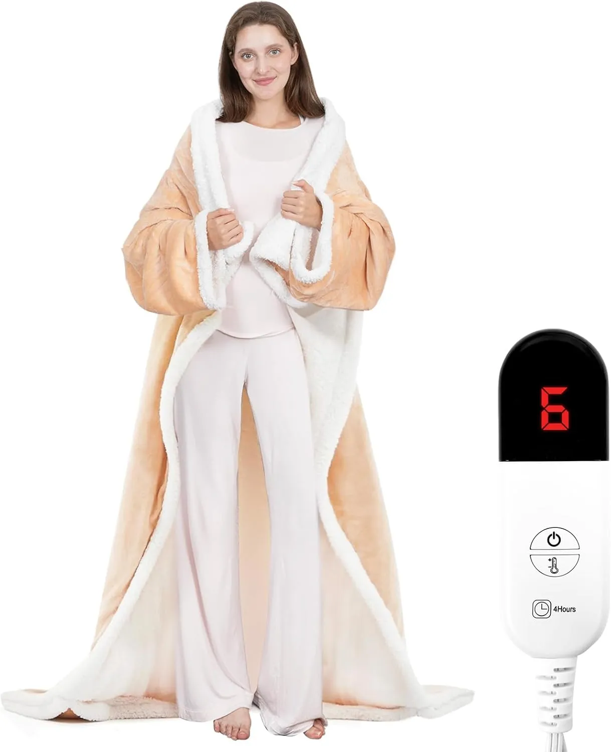 HOW'S MY HOUSE Wearable Heated Blanket with Foot Pocket, Electric Blanket with Sleeves, Flannel & Sherpa Heating Throw with 7 Heat Settings & 4 Hours Time Settings, 52" x 72", Beige