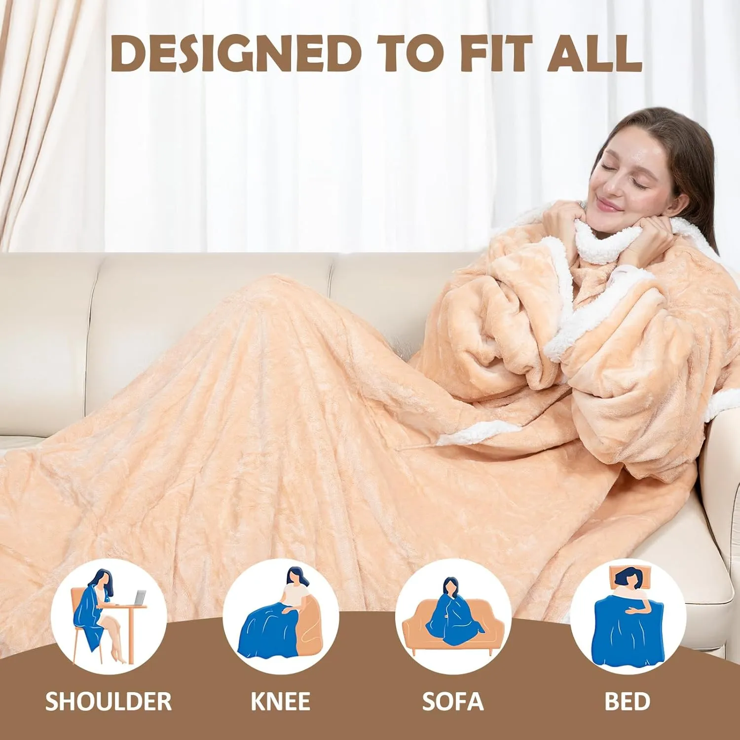 HOW'S MY HOUSE Wearable Heated Blanket with Foot Pocket, Electric Blanket with Sleeves, Flannel & Sherpa Heating Throw with 7 Heat Settings & 4 Hours Time Settings, 52" x 72", Beige