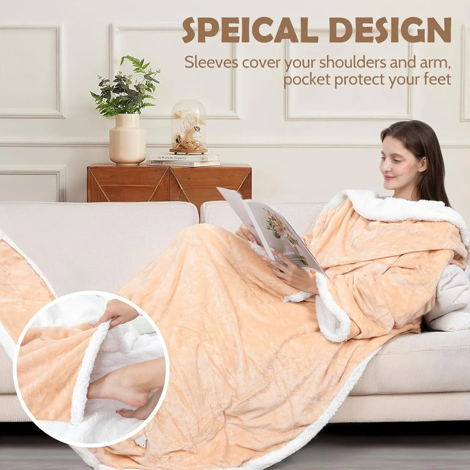 HOW'S MY HOUSE Wearable Heated Blanket with Foot Pocket, Electric Blanket with Sleeves, Flannel & Sherpa Heating Throw with 7 Heat Settings & 4 Hours Time Settings, 52" x 72", Beige