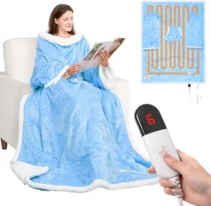 HOW'S MY HOUSE Wearable Heated Blanket with Foot Pocket, Electric Blanket with Sleeves, Flannel & Sherpa Heating Throw with 7 Heat Settings & 4 Hours Time Settings, 52" x 72", Blue