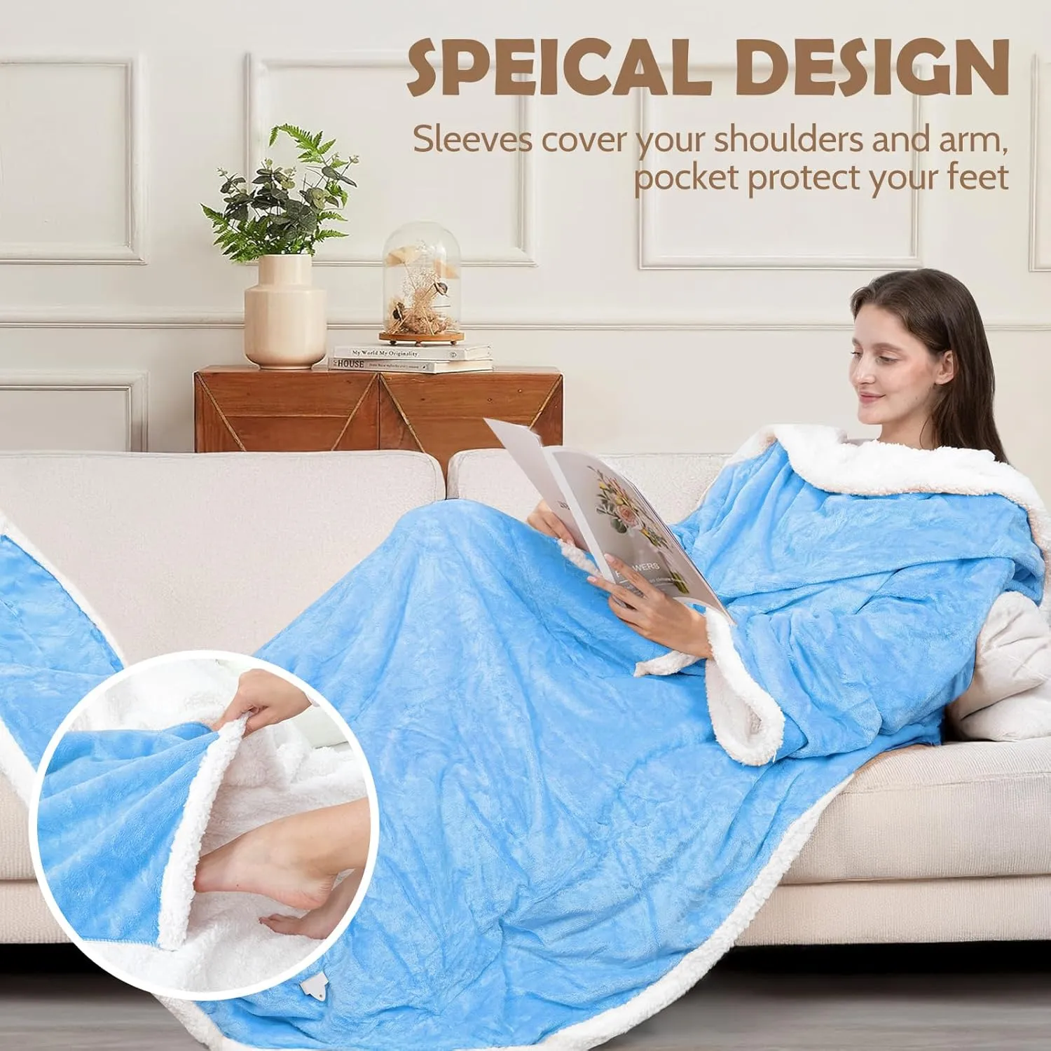 HOW'S MY HOUSE Wearable Heated Blanket with Foot Pocket, Electric Blanket with Sleeves, Flannel & Sherpa Heating Throw with 7 Heat Settings & 4 Hours Time Settings, 52" x 72", Blue
