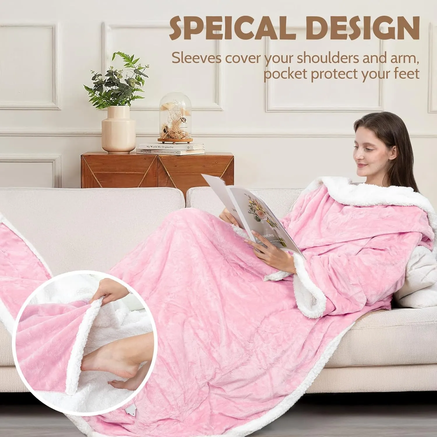 HOW'S MY HOUSE Wearable Heated Blanket with Foot Pocket, Electric Blanket with Sleeves, Flannel & Sherpa Heating Throw with 7 Heat Settings & 4 Hours Time Settings, 52" x 72", Pink