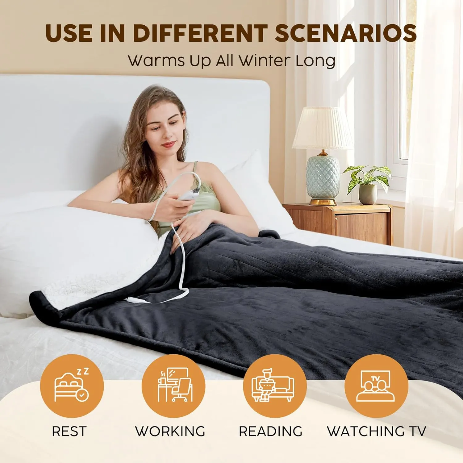 HYLEORY Heated Throw Blanket Flannel Electric Blanket Throw with 4 hrs Timer Auto-Off & 3 Heating Levels Sherpa Heated Blankets with Overheating Protection,50"x60",Dark Grey