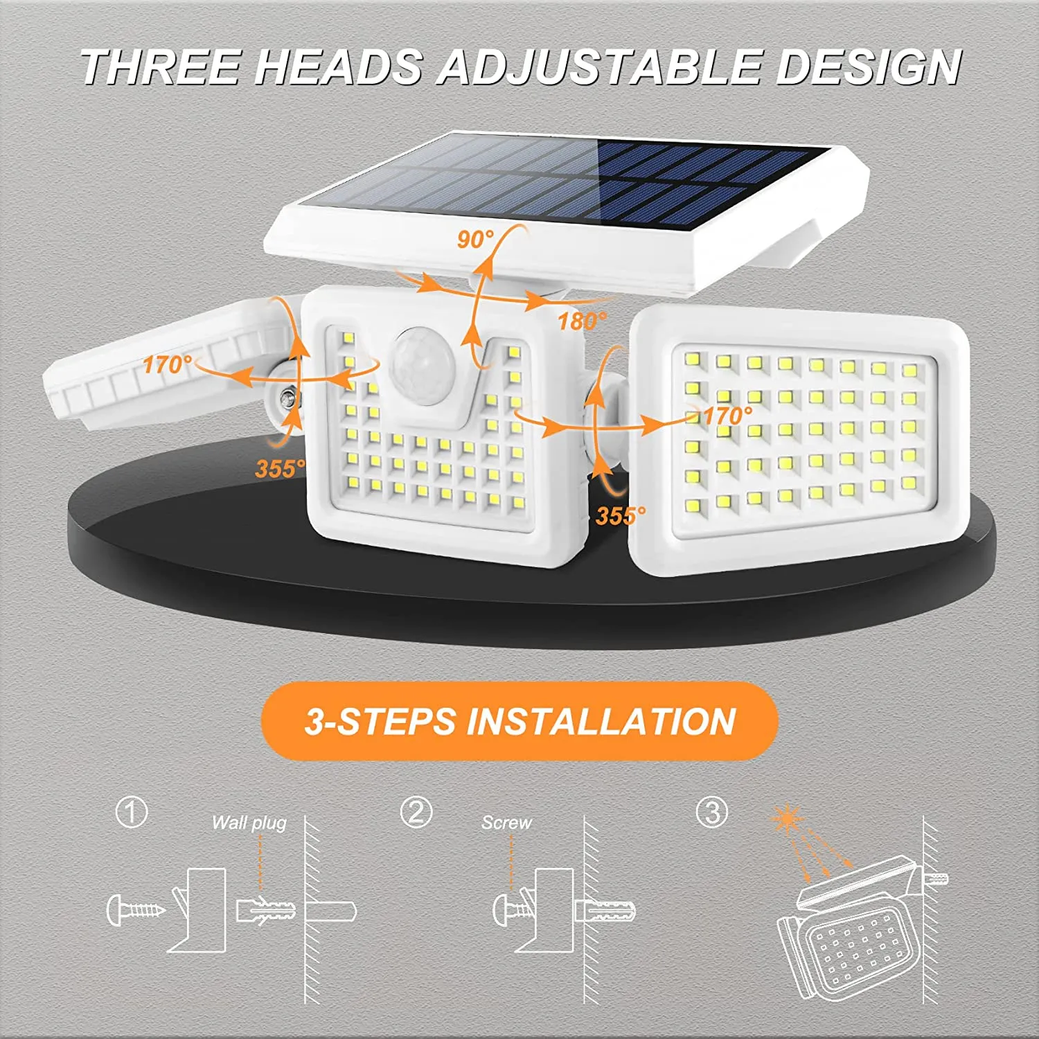 INCX 118 LED Solar Motion Lights Outdoor 2 Pack, 3 Heads Solar Security Lights with Motion Sensor IP65 Waterproof, Flood Lights for Wall, Patio, Garden, Porch, Garage White