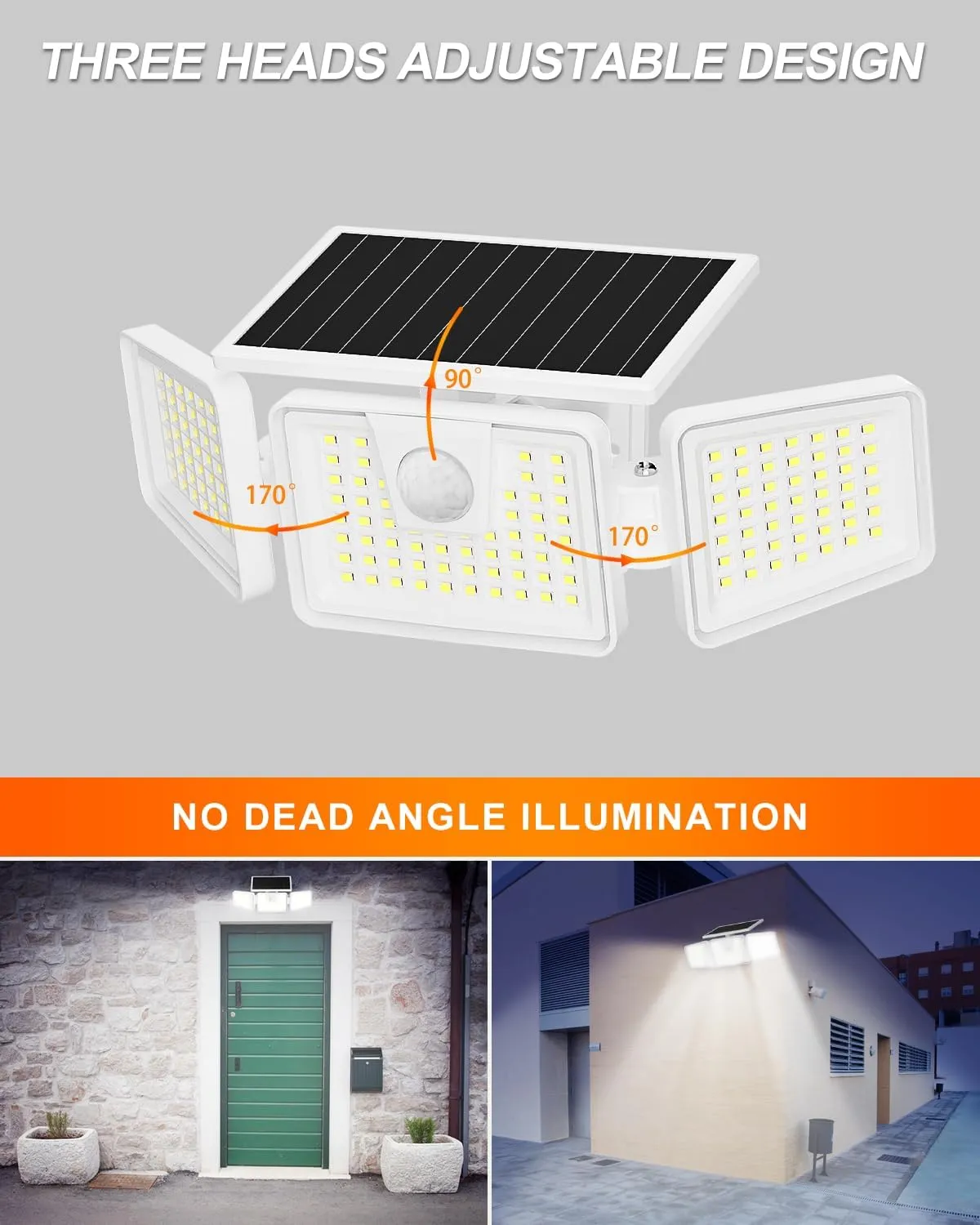 INCX Solar Motion Sensor Lights Outdoor, 3 Heads Security Lights Solar Powered, 156 LED Flood Light Motion Detected Spotlight for Garage Yard Entryways Patio, IP65 Waterproof, White, 1 Pack