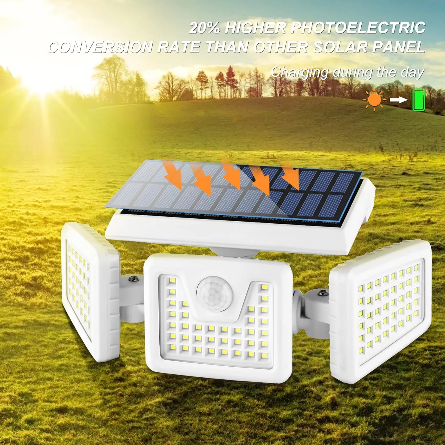 INCX Solar Motion Sensor Lights Outdoor, 3 Heads Security Lights Solar Powered, 156 LED Flood Light Motion Detected Spotlight for Garage Yard Entryways Patio, IP65 Waterproof, White, 1 Pack