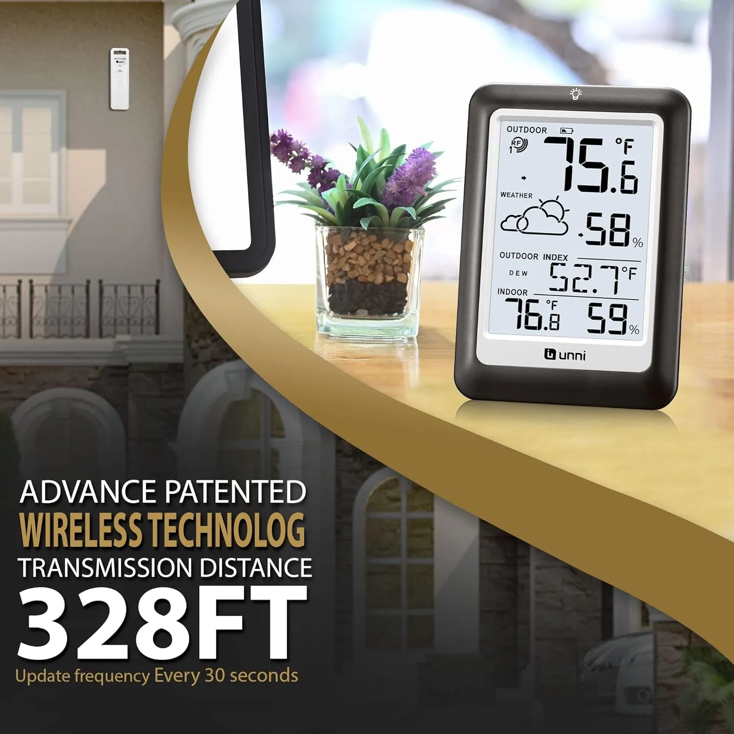 Indoor Outdoor Thermometer Wireless Weather Station, Temperature Humidity Monitor Battery Powered Inside Outside Thermometers with 330ft Range Remote Sensor and Backlight Display（Metal Black）