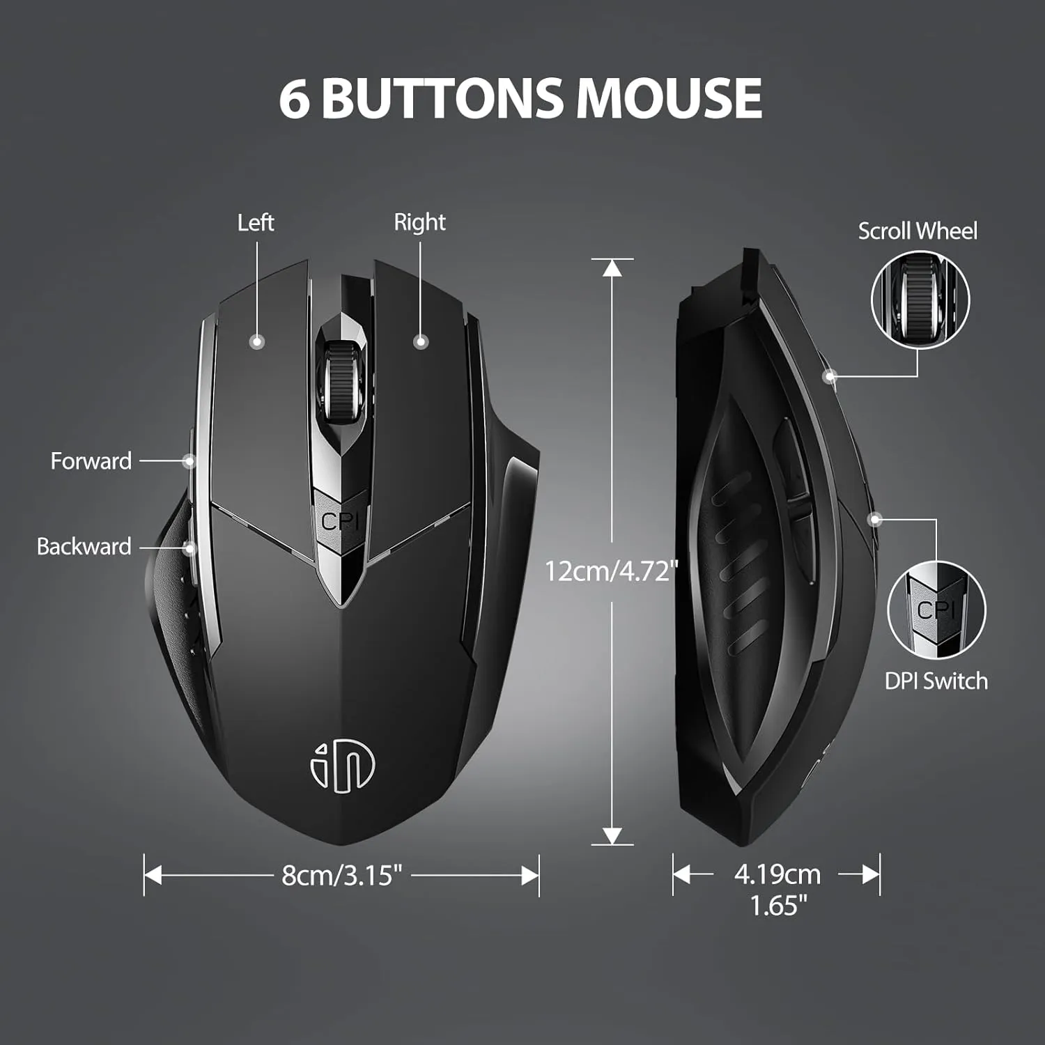 INPHIC Multi-Device Bluetooth Mouse Wireless, Rechargeable, USB Receiver, 6 Buttons, Ergonomic for Laptop, Computer, Mac, PC etc.