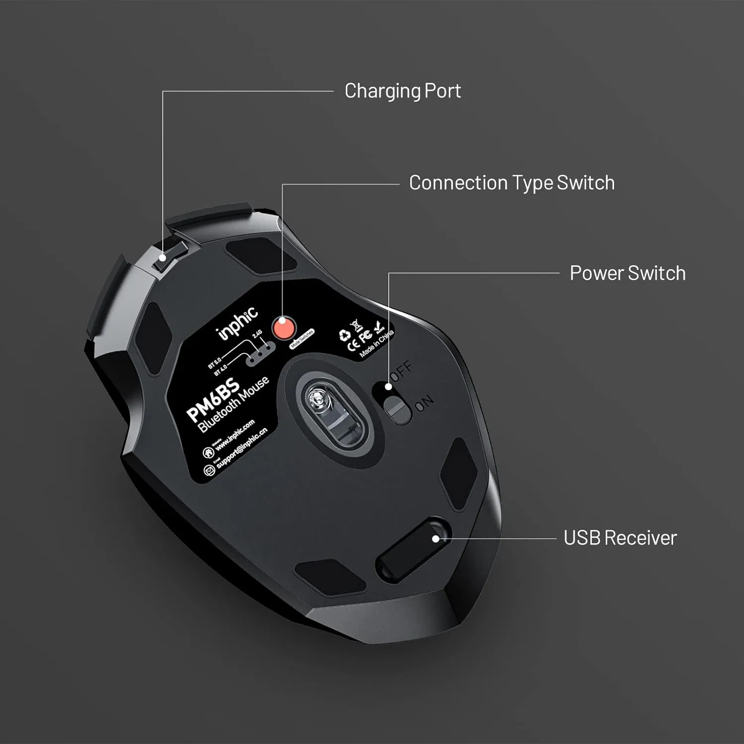 INPHIC Multi-Device Bluetooth Mouse Wireless, Rechargeable, USB Receiver, 6 Buttons, Ergonomic for Laptop, Computer, Mac, PC etc.