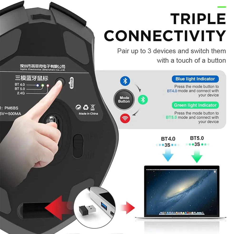 INPHIC Multi-Device Bluetooth Mouse Wireless, Rechargeable, USB Receiver, 6 Buttons, Ergonomic for Laptop, Computer, Mac, PC etc.