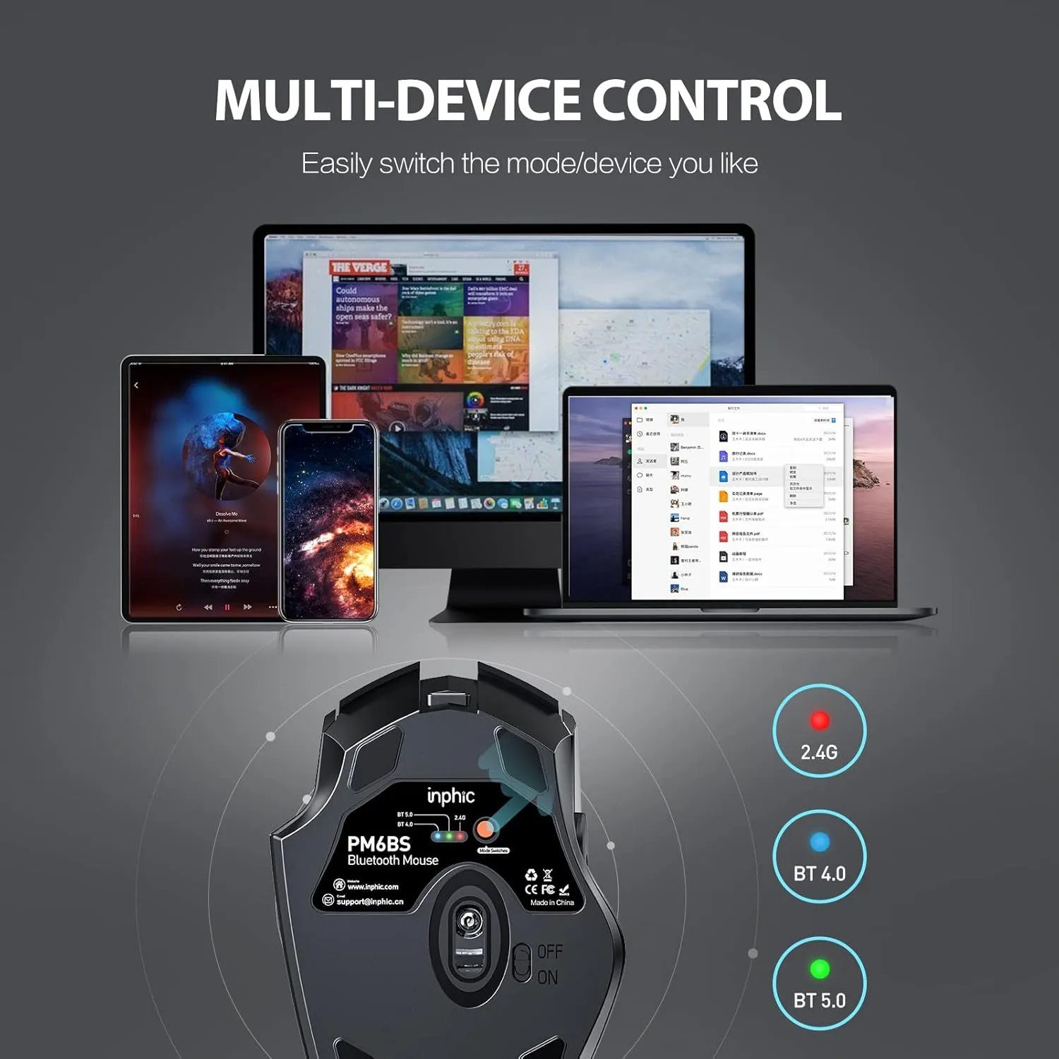 INPHIC Multi-Device Bluetooth Mouse Wireless, Rechargeable, USB Receiver, 6 Buttons, Ergonomic for Laptop, Computer, Mac, PC etc.