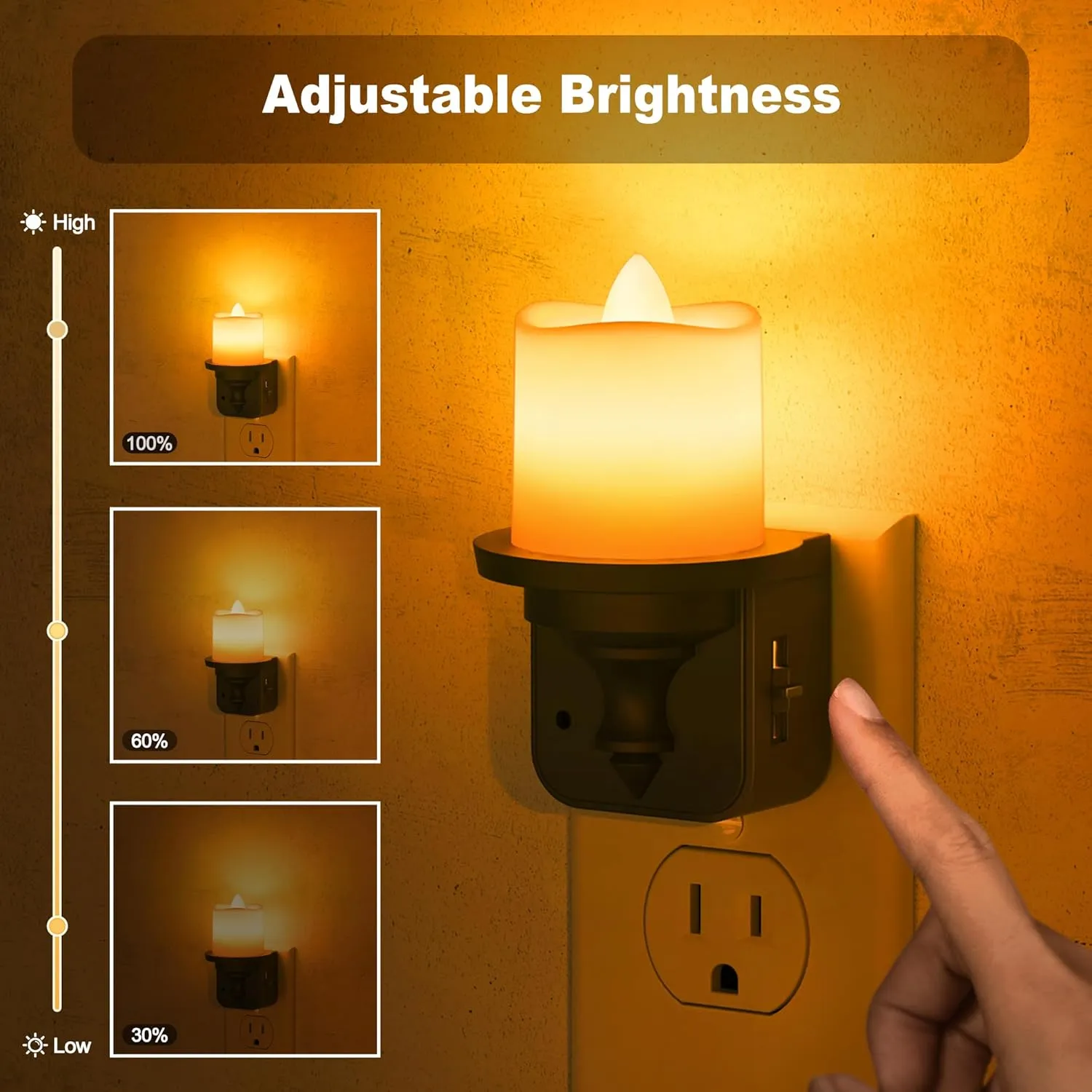 JandCase Flameless Candle Night Light, 2 Pack Night Lights Plug into Wall, 2000K Amber, 0-100LM Dimmable Nightlight, Dusk to Dawn Sensor Light for Dinning Room, Living Room, Bathroom, Hallway