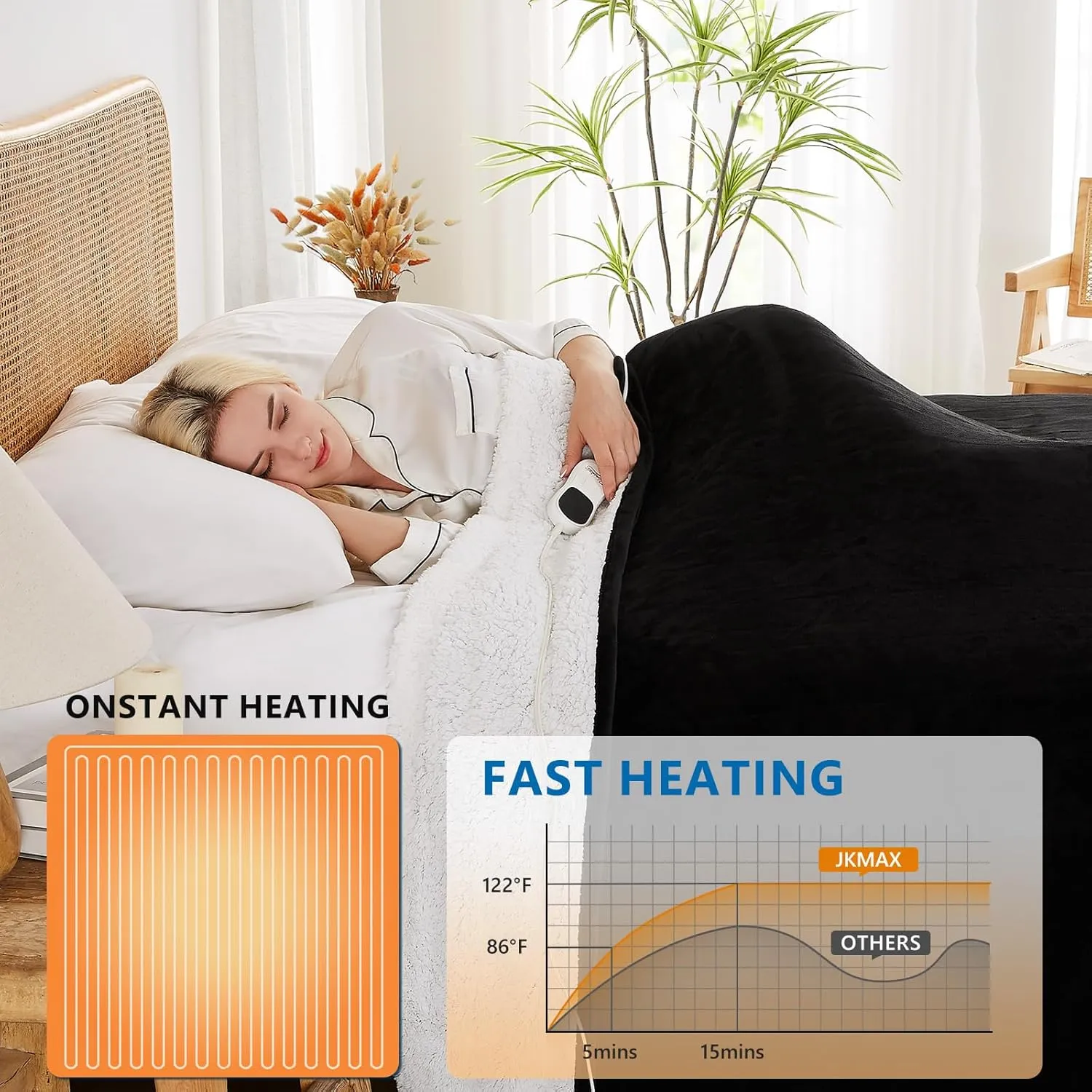 JKMAX Electric Heated Blanket - 10 Heating Levels, Auto Off, Ultra Soft Overheat Protection, Queen Size 84" x 90", Black