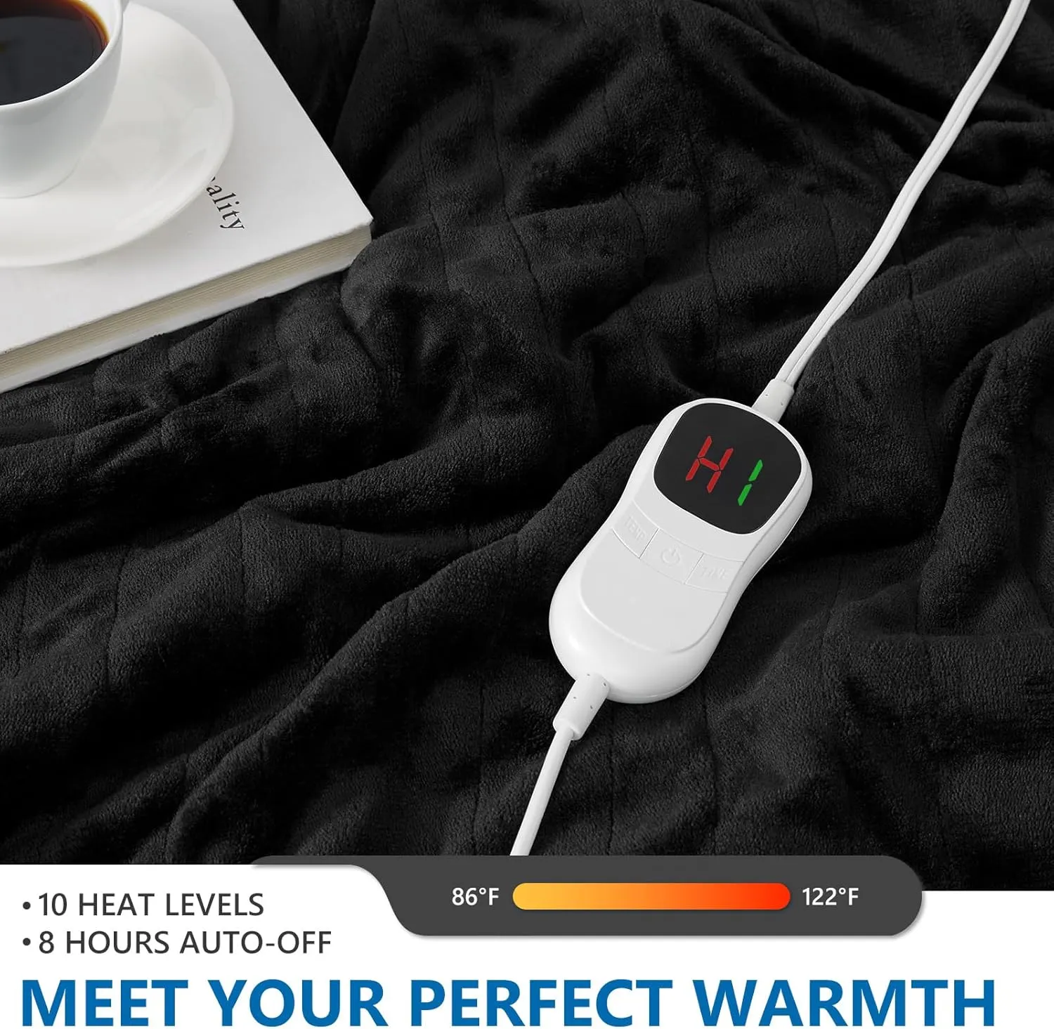 JKMAX Electric Heated Blanket - 10 Heating Levels, Auto Off, Ultra Soft Overheat Protection, Queen Size 84" x 90", Black