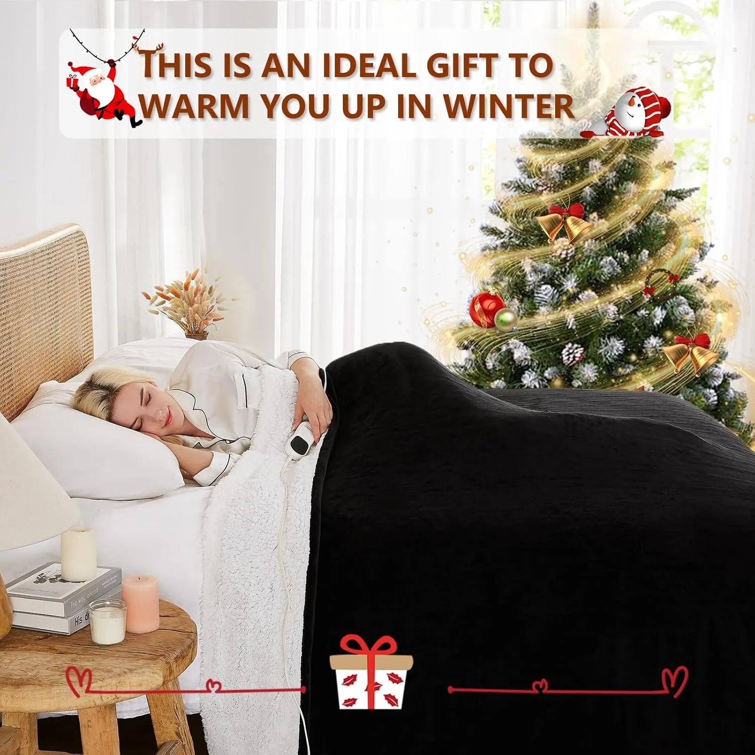 JKMAX Electric Heated Blanket - 10 Heating Levels, Auto Off, Ultra Soft Overheat Protection, Queen Size 84" x 90", Black