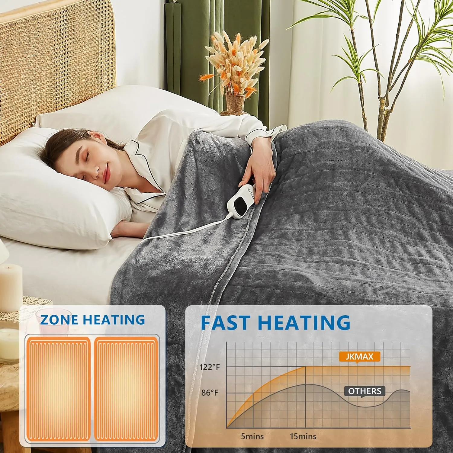 JKMAX Electric Heated Blanket - Queen Size 84"x90" With 10 Heating Levels, 8 Hours Auto Off, Fast Heating - Ultra Soft, Overheat Protection, ETL Certified, Grey