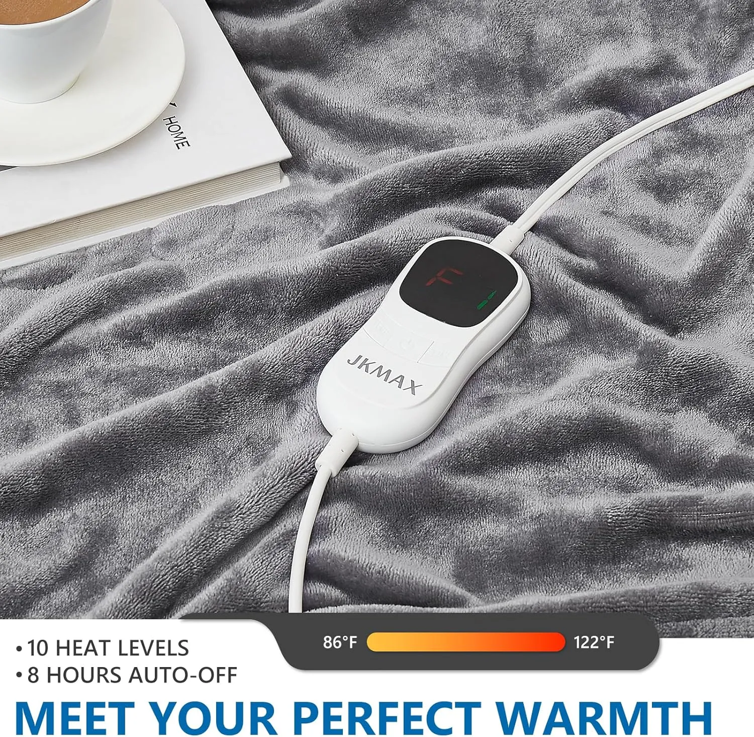 JKMAX Electric Heated Blanket - Queen Size 84"x90" With 10 Heating Levels, 8 Hours Auto Off, Fast Heating - Ultra Soft, Overheat Protection, ETL Certified, Grey