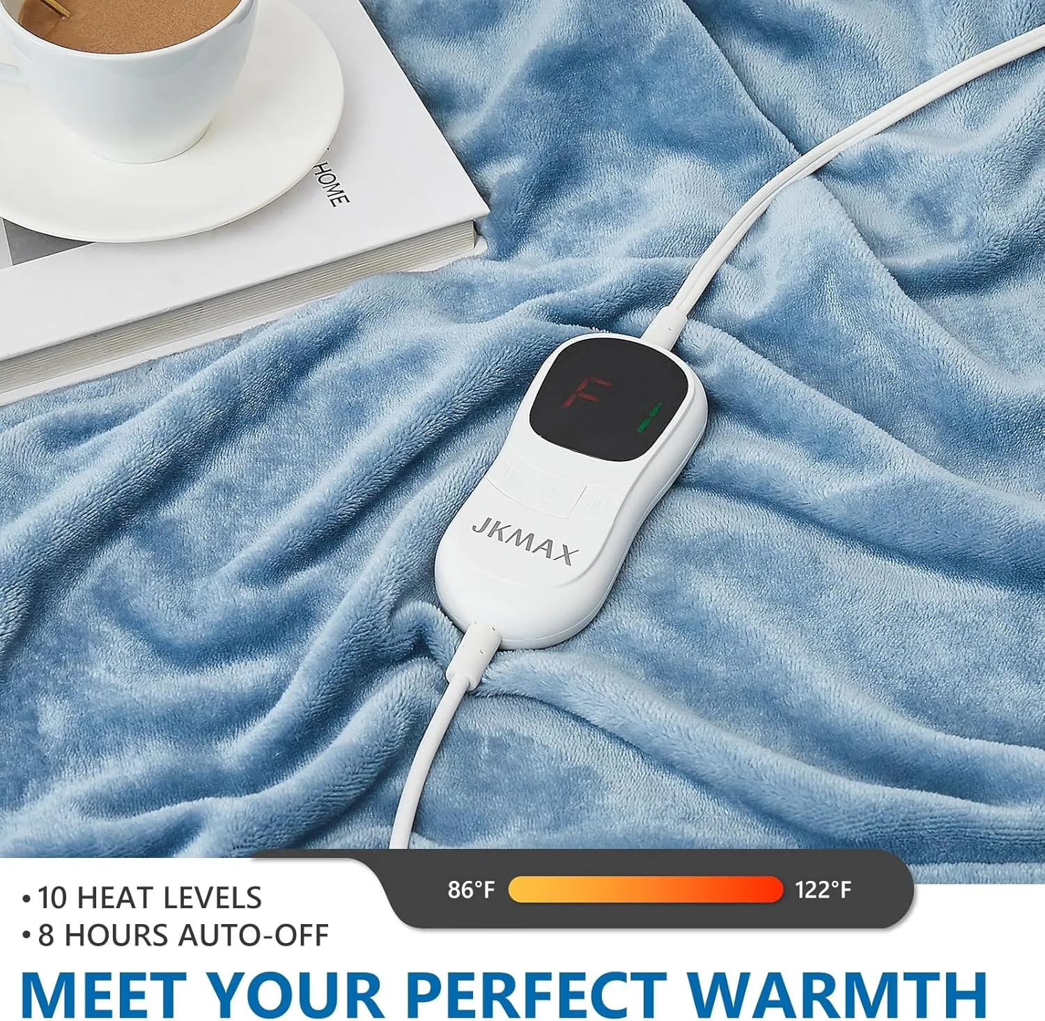 JKMAX Electric Heated Heating Blanket - Heated Bed Blanket Queen Size 84"x90" with 10 Heating Levels 8 Hours Auto Off Fast Heating Dark Blue