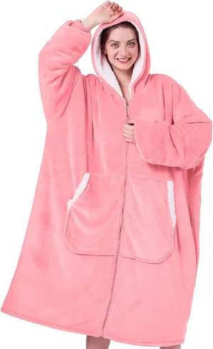 JOYWOO Pink Oversized Wearable Blanket Hoodie, Long Hooded Blanket for Girls, Birthday Gifts for Women Girlfriend, Cozy Sherpa Sweatshirt Blanket with Giant Pocket and Zipper, Pink