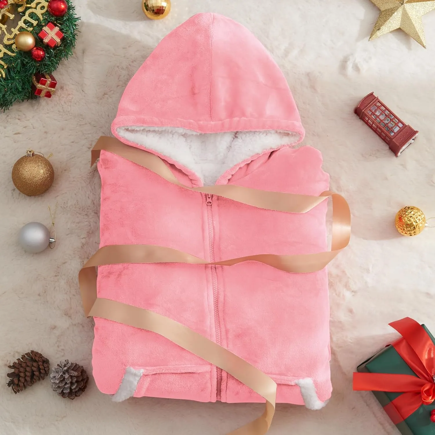 JOYWOO Pink Oversized Wearable Blanket Hoodie, Long Hooded Blanket for Girls, Birthday Gifts for Women Girlfriend, Cozy Sherpa Sweatshirt Blanket with Giant Pocket and Zipper, Pink
