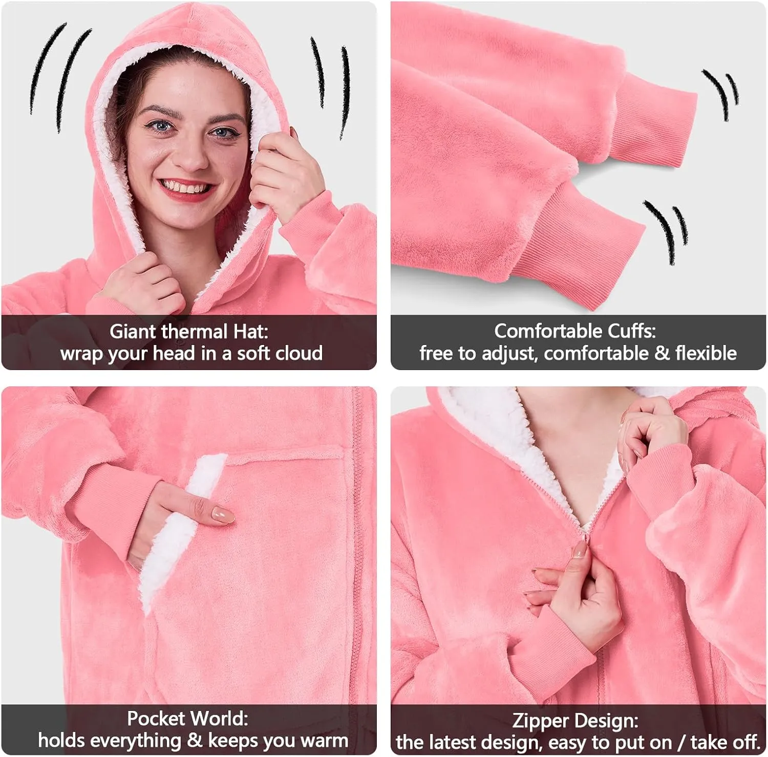 JOYWOO Pink Oversized Wearable Blanket Hoodie, Long Hooded Blanket for Girls, Birthday Gifts for Women Girlfriend, Cozy Sherpa Sweatshirt Blanket with Giant Pocket and Zipper, Pink