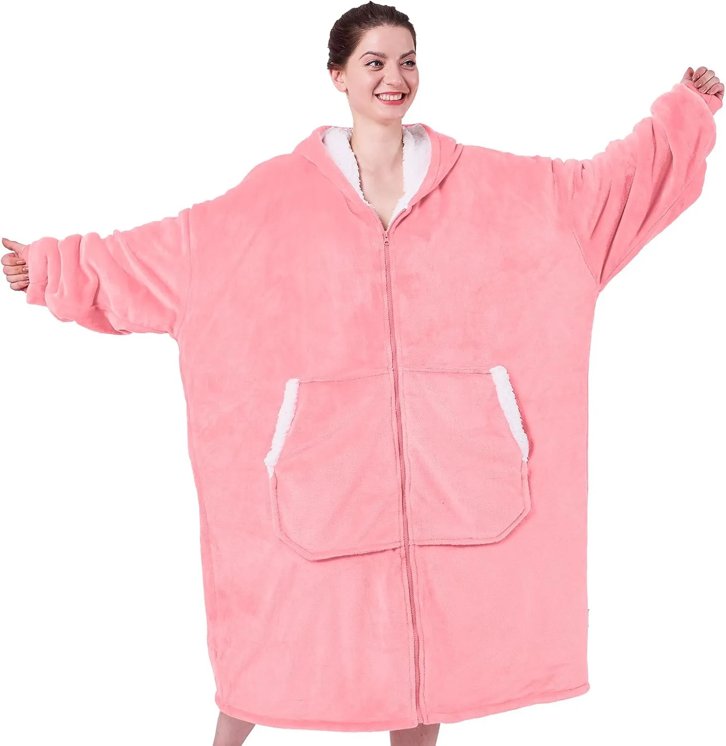 JOYWOO Pink Oversized Wearable Blanket Hoodie, Long Hooded Blanket for Girls, Birthday Gifts for Women Girlfriend, Cozy Sherpa Sweatshirt Blanket with Giant Pocket and Zipper, Pink