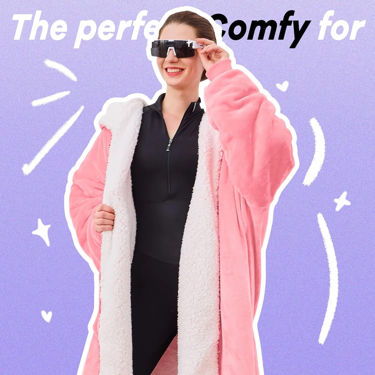 JOYWOO Pink Oversized Wearable Blanket Hoodie, Long Hooded Blanket for Girls, Birthday Gifts for Women Girlfriend, Cozy Sherpa Sweatshirt Blanket with Giant Pocket and Zipper, Pink