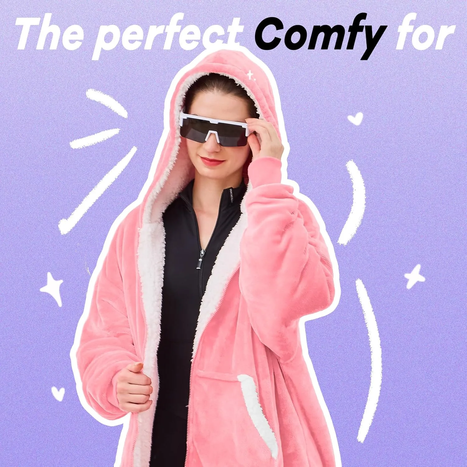 JOYWOO Pink Wearable Blanket Hoodie, Oversized Birthday Gifts for Girlfriend, Hooded Blanket Christmas Gifts for Girls Women, Cozy Fuzzy Sherpa Sweatshirt Blanket with Giant Pocket and Zipper, Pink