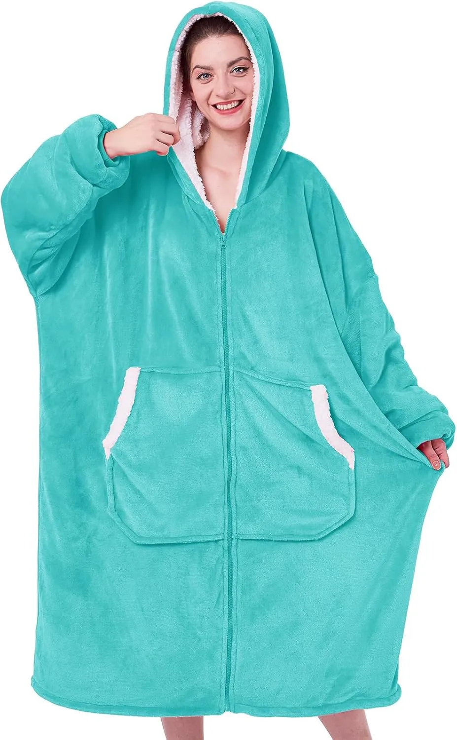 JOYWOO Turquoise Teal Oversized Wearable Blanket Hoodie, Birthday Gifts for Trendy Girls Girlfriend Stuff, Hooded Blanket for Adult Women, Cozy Sherpa Sweatshirt Blanket with Giant Pocket and Zipper