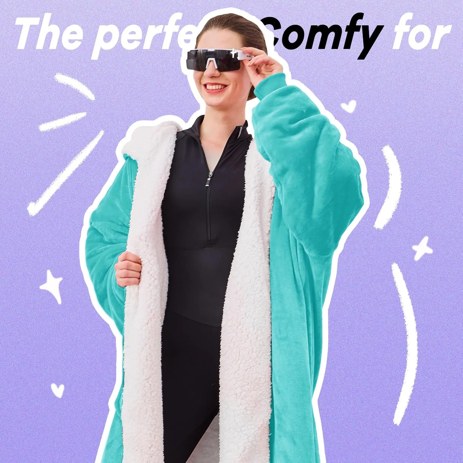 JOYWOO Turquoise Teal Oversized Wearable Blanket Hoodie, Birthday Gifts for Trendy Girls Girlfriend Stuff, Hooded Blanket for Adult Women, Cozy Sherpa Sweatshirt Blanket with Giant Pocket and Zipper