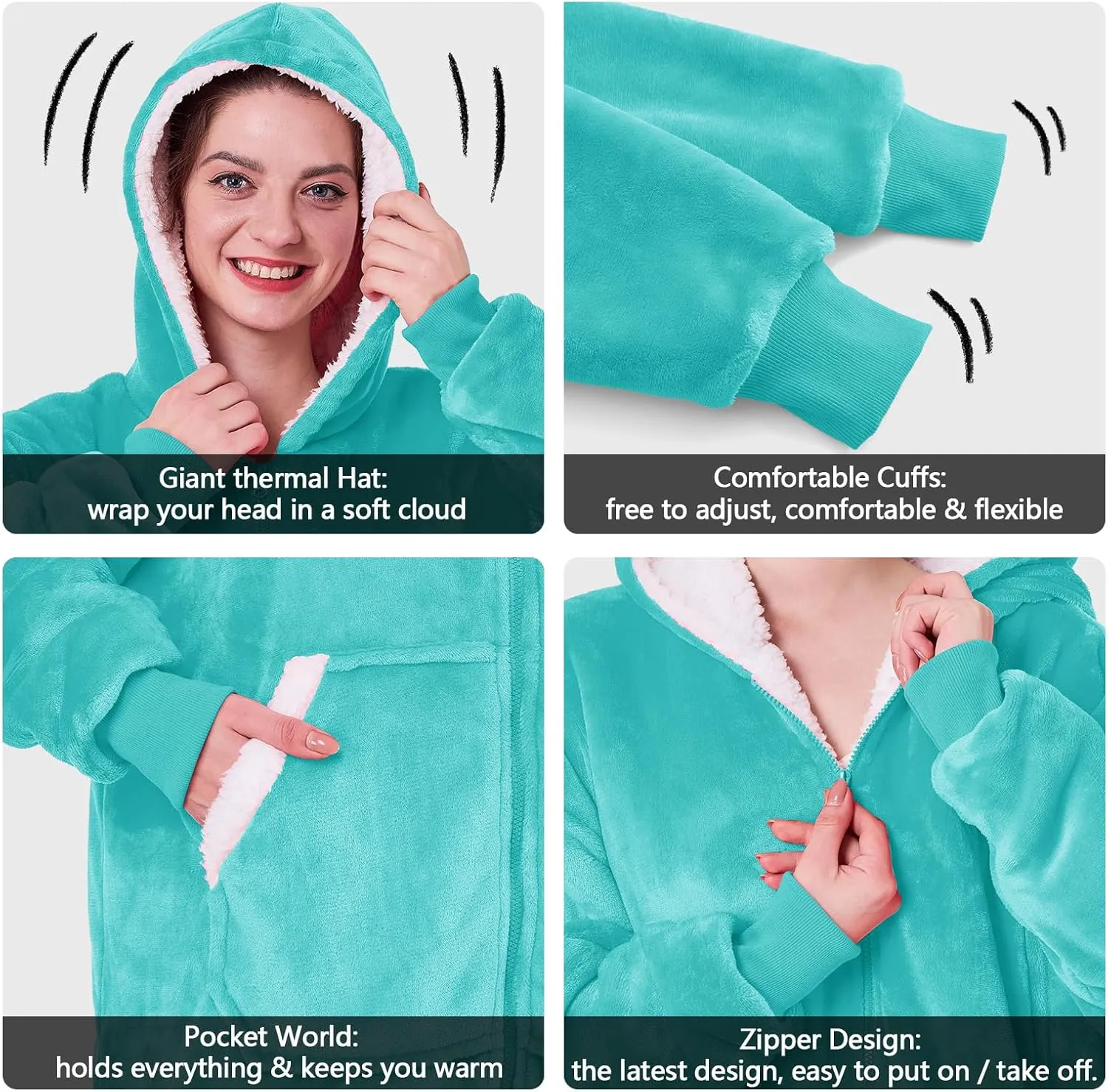 JOYWOO Turquoise Teal Oversized Wearable Blanket Hoodie, Birthday Gifts for Trendy Girls Girlfriend Stuff, Hooded Blanket for Adult Women, Cozy Sherpa Sweatshirt Blanket with Giant Pocket and Zipper