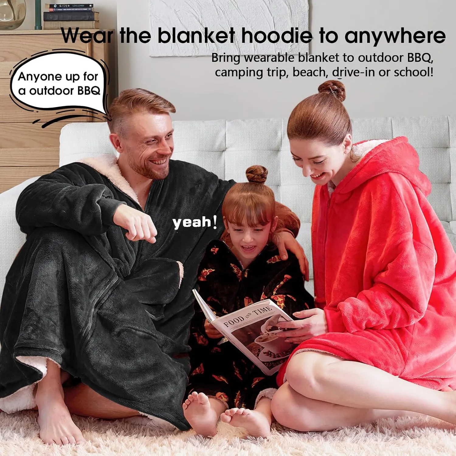 JOYWOO Wearable Blanket Hoodie, Oversized Hooded Blanket for Adult, Birthday Gifts for Women Men, Cozy Fuzzy Sherpa Sweatshirt Blanket with Giant Pocket and Zipper, Black