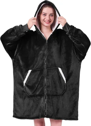 JOYWOO Wearable Blanket Hoodie, Oversized Hooded Blanket for Adult, Birthday Gifts for Women Men, Cozy Fuzzy Sherpa Sweatshirt Blanket with Giant Pocket and Zipper, Black