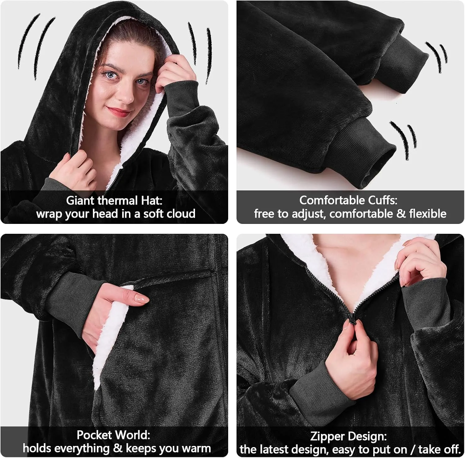 JOYWOO Wearable Blanket Hoodie, Oversized Hooded Blanket for Adult, Birthday Gifts for Women Men, Cozy Fuzzy Sherpa Sweatshirt Blanket with Giant Pocket and Zipper, Black