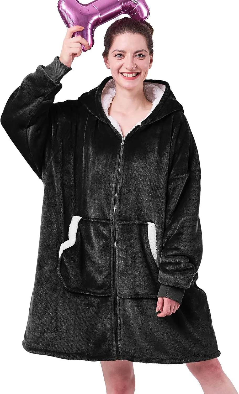 JOYWOO Wearable Blanket Hoodie, Oversized Hooded Blanket for Adult, Birthday Gifts for Women Men, Cozy Fuzzy Sherpa Sweatshirt Blanket with Giant Pocket and Zipper, Black