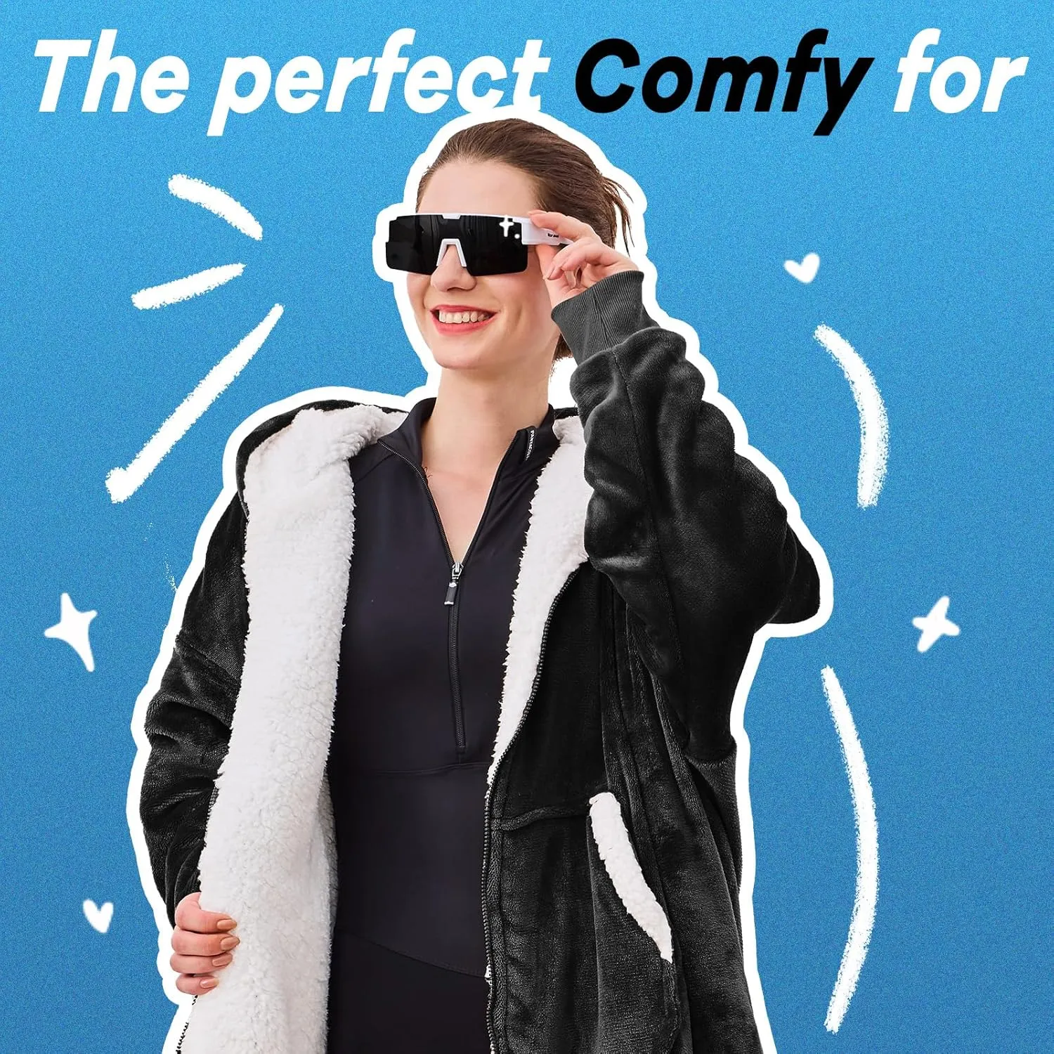 JOYWOO Wearable Blanket Hoodie, Oversized Hooded Blanket for Adult, Birthday Gifts for Women Men, Cozy Fuzzy Sherpa Sweatshirt Blanket with Giant Pocket and Zipper, Black