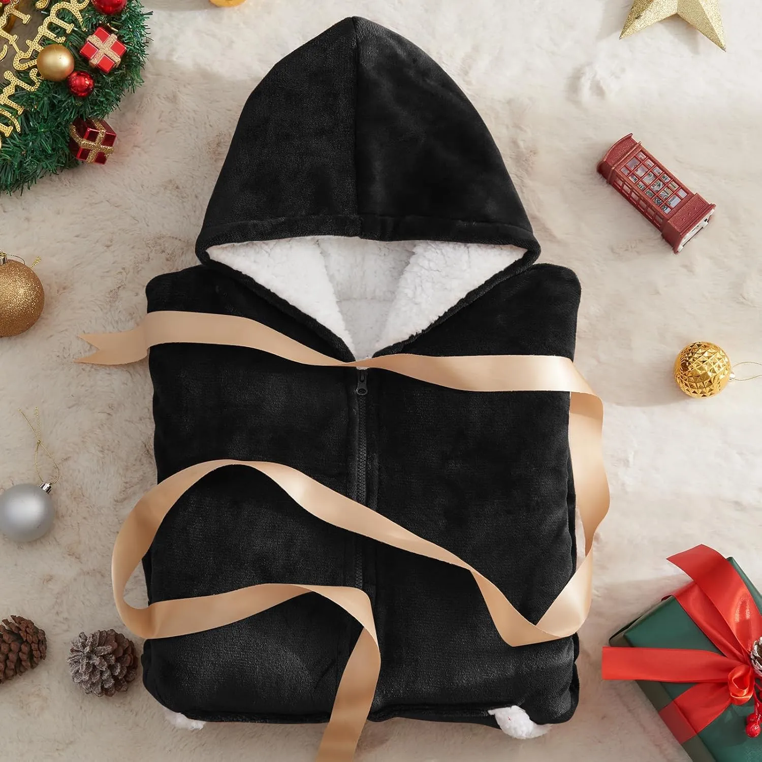 JOYWOO Wearable Blanket Hoodie, Oversized Hooded Blanket for Adult, Birthday Gifts for Women Men, Cozy Fuzzy Sherpa Sweatshirt Blanket with Giant Pocket and Zipper, Black