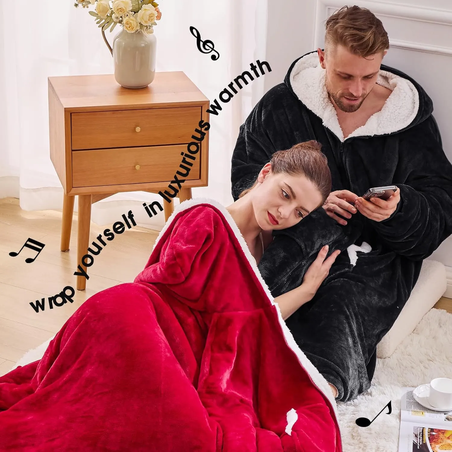 JOYWOO Wearable Blanket Hoodie, Oversized Hooded Blanket for Adult, Birthday Gifts for Women Men, Cozy Fuzzy Sherpa Sweatshirt Blanket with Giant Pocket and Zipper, Black