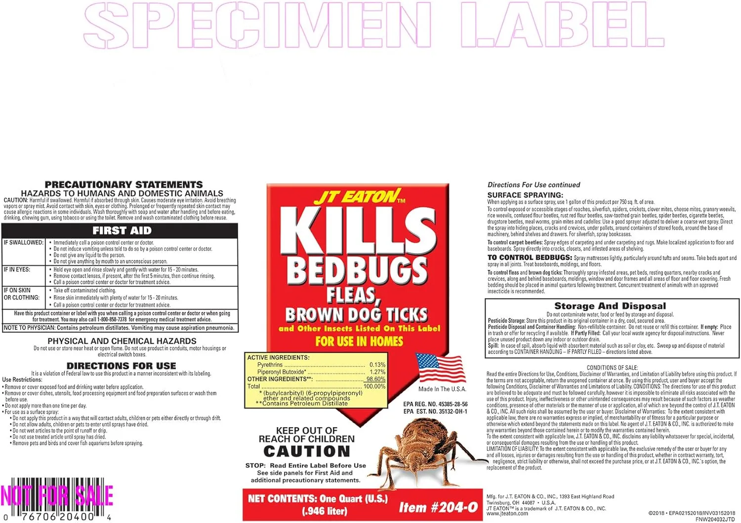 JT Eaton 204-O Bed Bug Killer Ultra, Oil-Based Insect Spray, Non-Staining Formula for Indoor Use, 1 Quart
