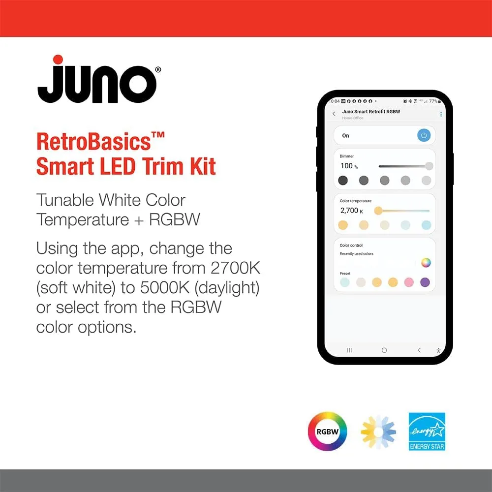 Juno RB56AC RGBW MW M6 RetroBasic Connect Adjustable LED Downlight, Dynamic Color Red, Green, Blue, White, Includes E26 Socket Adaptor, Matte White, 5-Inch to 6-Inch